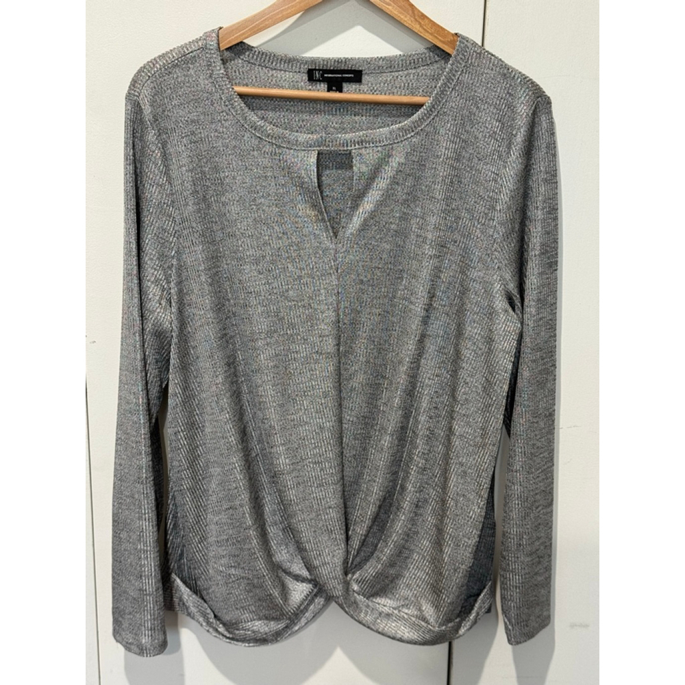 Women's INC International Concepts silver Gray Ribbed Long Sleeve twist Tee XL